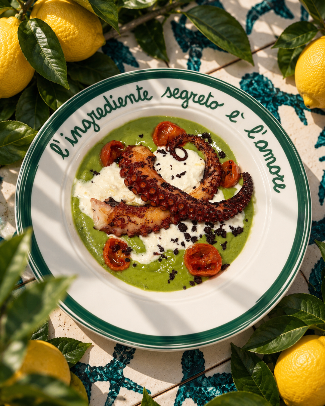 Polpo scottato con crema di zucchine e stracciata – Moorea Food Club, Maiori